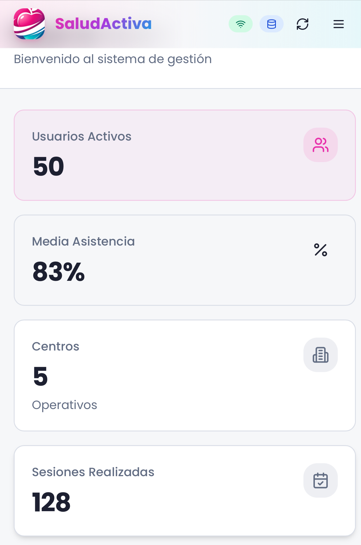 Dashboard principal con métricas de usuarios activos, asistencia y sesiones